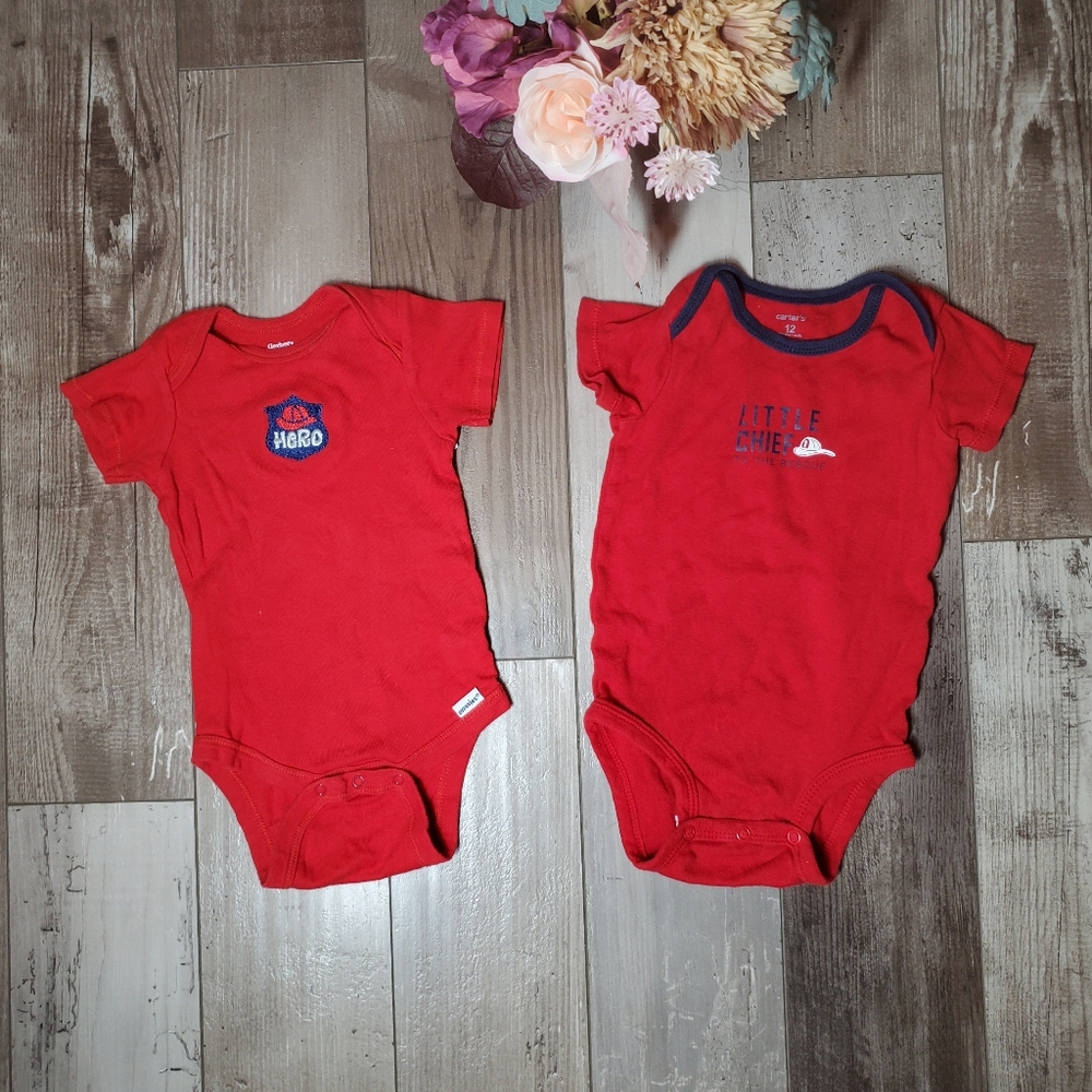 Gerber & Carter's Red Baby Boy Firefighter HERO Onesie Bodysuit Bundle Size 12m
